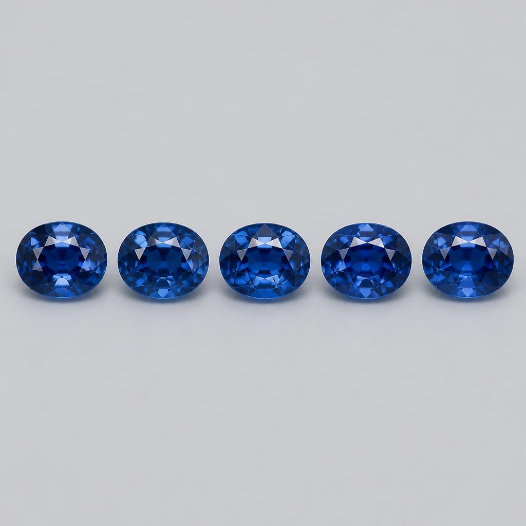 A matched row of five calibrated oval blue sapphires